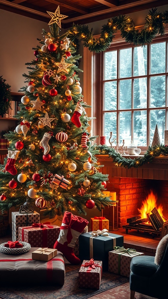 A cozy Christmas setting with a decorated tree, gifts, and a fireplace.